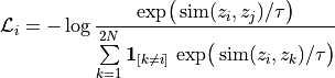 \mathcal{L}_i
= -\log
\frac{
    \exp\!\big(\operatorname{sim}(z_i, z_j)/\tau\big)
}{
    \sum\limits_{k=1}^{2N}
    \mathbf{1}_{[k \ne i]}\,
    \exp\!\big(\operatorname{sim}(z_i, z_k)/\tau\big)
}