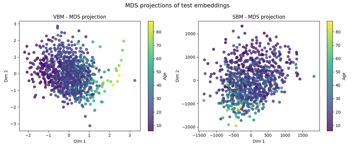 MDS projections of test embeddings, VBM - MDS projection, SBM - MDS projection